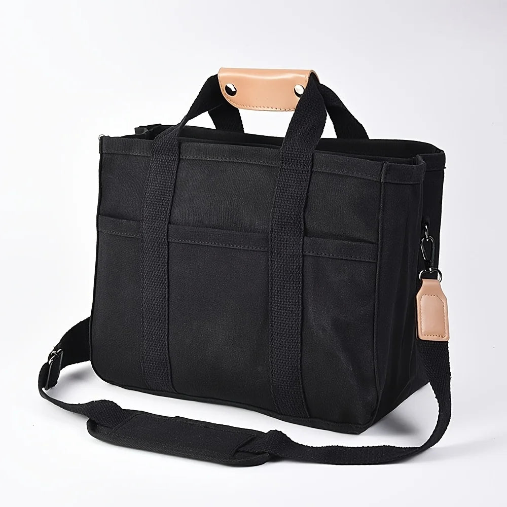 Women’s Canvas Tote Bag with Multiple Pockets, Large Capacity Shoulder Messenger Bag, Durable & Versatile for Daily - Black
