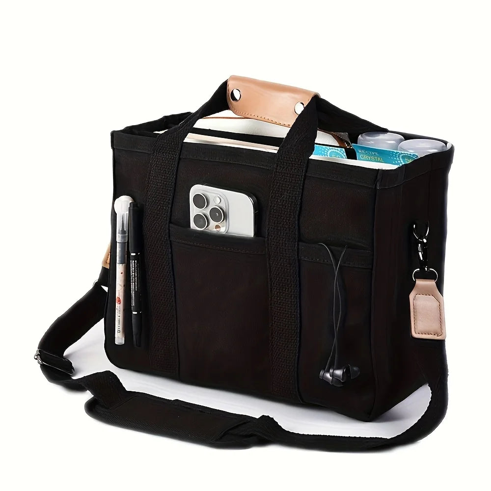 Women’s Canvas Tote Bag with Multiple Pockets, Large Capacity Shoulder Messenger Bag, Durable & Versatile for Daily - Black