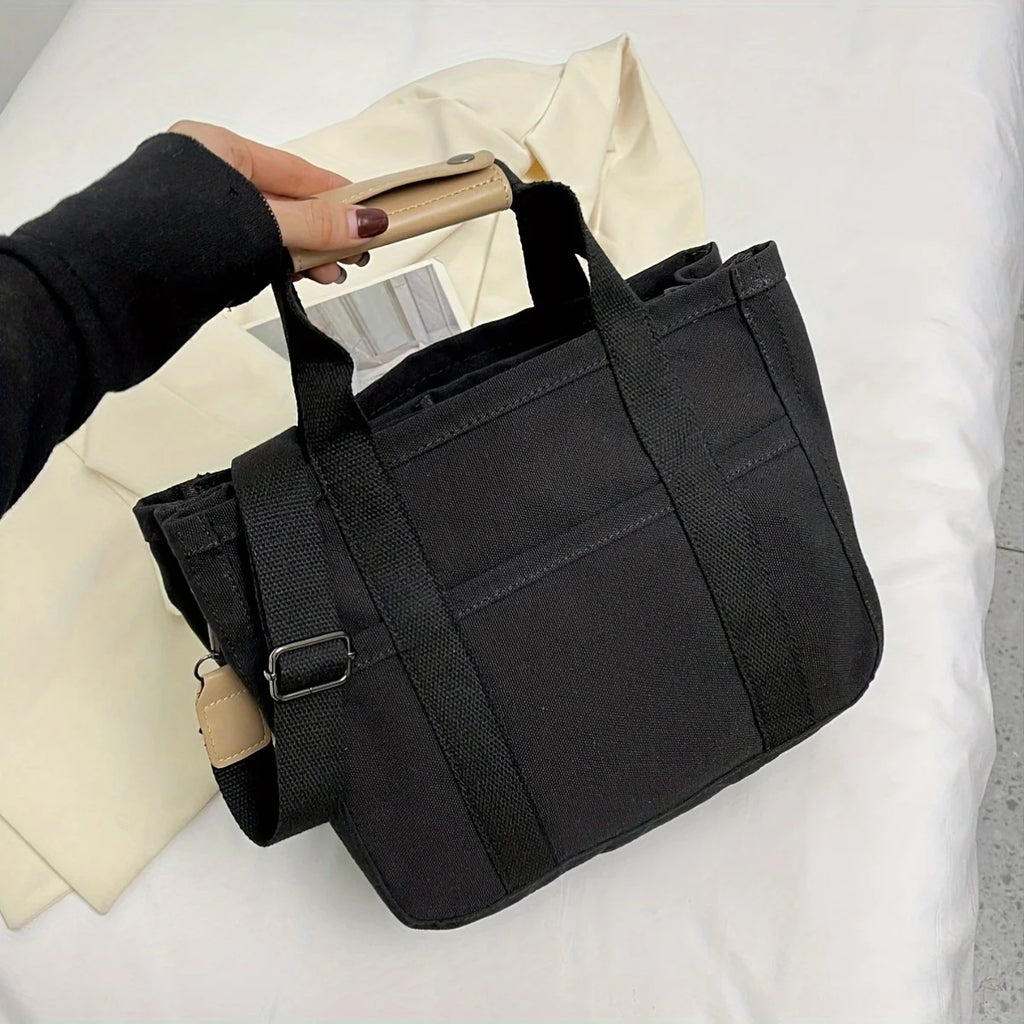 Women’s Canvas Tote Bag with Multiple Pockets, Large Capacity Shoulder Messenger Bag, Durable & Versatile for Daily - Black