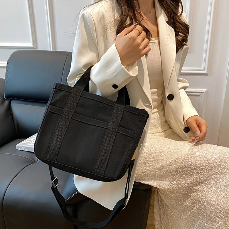 Women’s Canvas Tote Bag with Multiple Pockets, Large Capacity Shoulder Messenger Bag, Durable & Versatile for Daily - Black