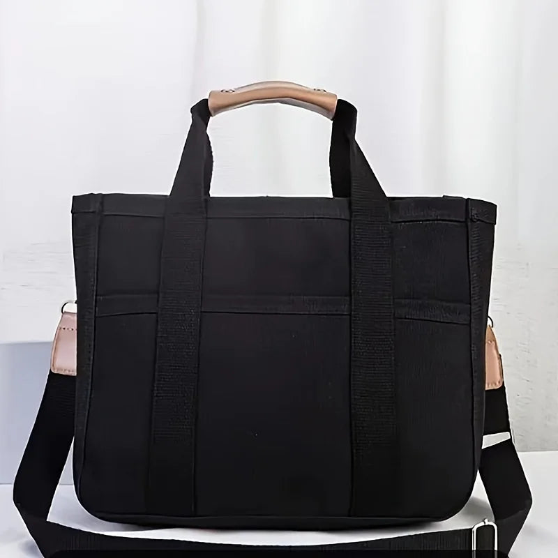 Women’s Canvas Tote Bag with Multiple Pockets, Large Capacity Shoulder Messenger Bag, Durable & Versatile for Daily - Black